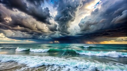 Dramatic clouds and turbulent stormy weather over a vast ocean with waves crashing against the shore, creating a sense of intensity and power , tempest, waves