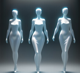 Abstract surrealistic illustration of glass statue several people standing in pose.Concept project.mindfulness and meditation.Futuristic. cyberpunk.innovation different types of poses.generative ai