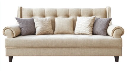 A stylish beige sofa with decorative pillows, ideal for home decor and comfort.