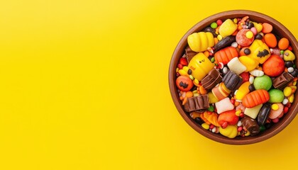 Assorted Halloween Candies in Brown Bowl on Yellow Background