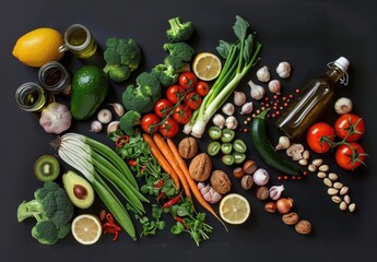 Assortment of Fresh Vegetables and Fruits on Dark Background