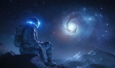 Astronaut Contemplating a Galaxy at Night
