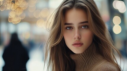 Obraz premium Portrait of a Young Woman with Long Brown Hair, Wearing a Brown Turtleneck Sweater. The Background is Blurred with Lights.