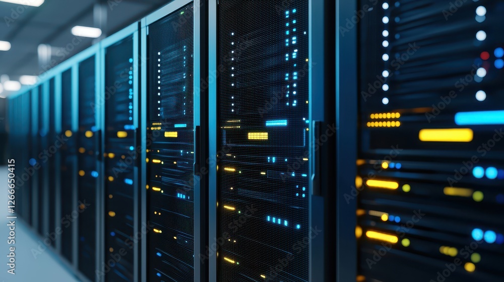 Poster powerful servers in data center, ensuring connectivity and processing for seamless digital experienc