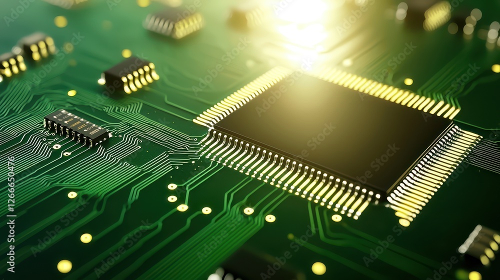 Poster intricate circuit board closeup, exploring electronic components and pathways