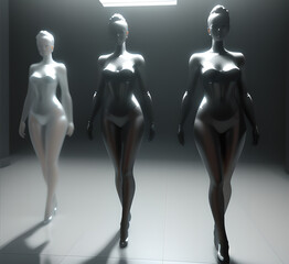 Obraz premium Abstract surrealistic illustration of glass statue several people standing in pose.Concept project.mindfulness and meditation.Futuristic. cyberpunk.innovation different types of poses.generative ai