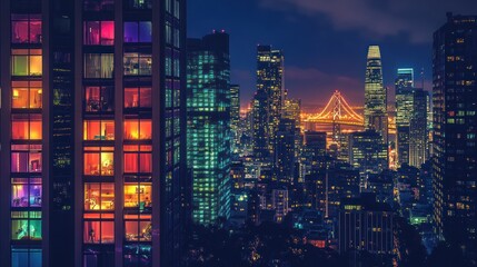 Vibrant city skyline at night with illuminated buildings and a bridge in the background.