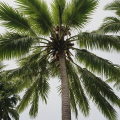 Fototapeta premium A top-down view of a coconut tree’s leaves spreading outward, isolated on white.