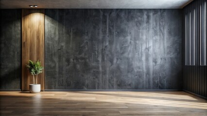 Modern minimalist interior design featuring a textured concrete wall, wood panel accent, and hardwood floor