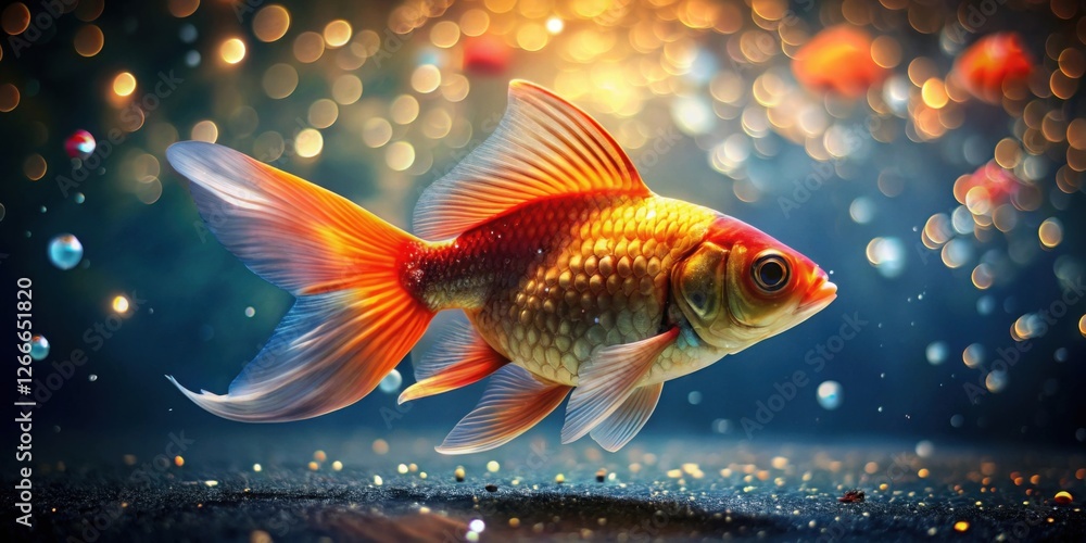 Poster a vibrant goldfish swims gracefully in an aquatic environment, illuminated by a magical bokeh effect