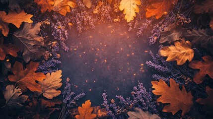 A serene composition of autumn leaves and lavender flowers creating a tranquil atmosphere.