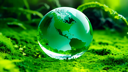Crystal Globe on Lush Green Moss Earth Map & Nature Conservation Photography, crystal globe, earth map, lush green moss, ferns, forest floor, dappled sunlight, macro photography