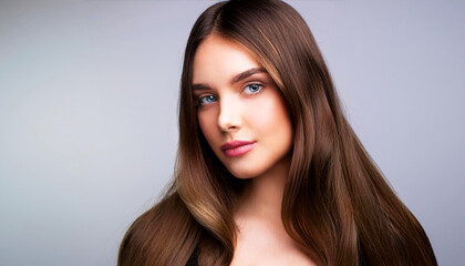 Fototapeta premium Close up portrait of a young woman with long brown hair, fair skin, and soft makeup against a light neutral background