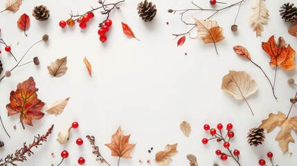 Autumnal Leaves and Berries Flat Lay on White Background