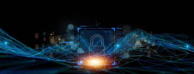 Cybersecurity Shield: A glowing padlock icon sits at the center of a swirling digital landscape, representing the critical role of cybersecurity in protecting data and systems in the digital age.