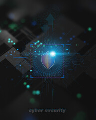 Cyber Security Shield: A glowing blue digital shield emblem symbolizing data protection, network security, and digital safety.