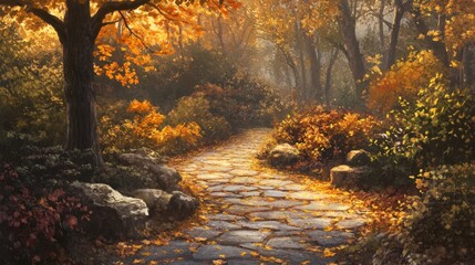 A serene autumn pathway lined with colorful foliage and stones, inviting exploration.