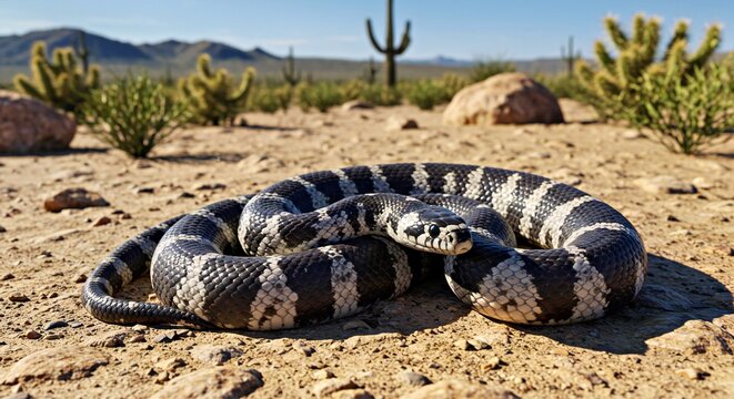 A California Kingsnake With Its Striking Black and White Banding, Coiled on a Dry, Rocky Outcrop in a Desert Environment