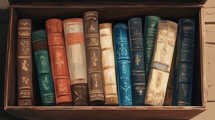 Antique Books Arranged Neatly On Wooden Shelf
