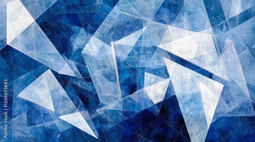 Poster modern abstract blue background with layered white transparent textured elements featuring overlappi