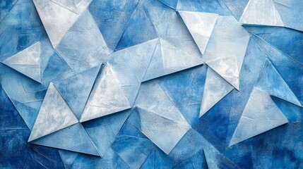Fototapeta premium Modern abstract blue background with layered white transparent textured elements featuring overlapping triangle, diamond, and square shapes in a dynamic geometric pattern for stylish digital design an
