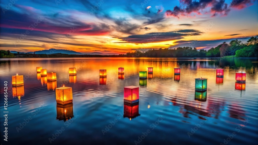 Poster serene sunset reflection illuminated floating lanterns adrift on calm water at dusk
