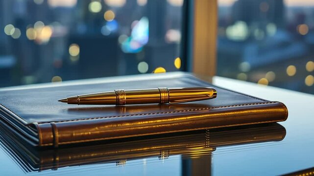 Elegant pen and leather journal set against a stunning cityscape at twilight provides an inspiring workspace for creative minds. Generative AI