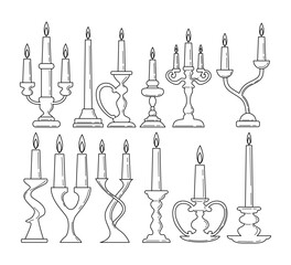 Vintage candles in candlestick outline doodle set collection, old lamp with various stick, Hand lanterns with candle black twisted wax holder, traditional lightning, antique victorian candle.