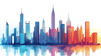 Fototapeta premium Modern skyscraper silhouettes against a vibrant sunset sky, showcasing sleek architectural lines and urban landscape design for business and corporate themes