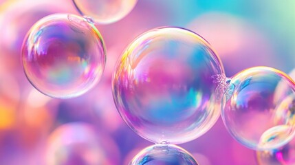 Colorful soap bubbles floating against a dreamy, iridescent background.