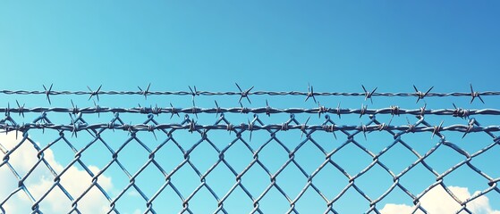 Clear blue sky above a barbed wire fence, metal wires with sharp edges forming a secure boundary, realistic details highlighting security and protection
