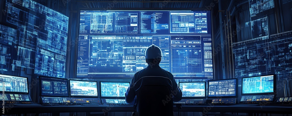 Poster engineer in a hardhat monitoring offshore operations, multiple screens displaying complex oil and ga