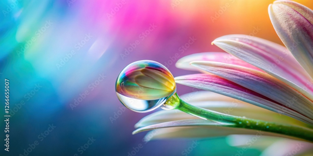 Poster a vibrant dewdrop clinging to a delicate petal, reflecting a spectrum of colors against a soft, blur