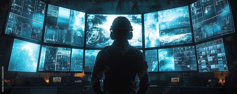 Poster engineer in a hardhat monitoring offshore operations, multiple screens displaying complex oil and ga