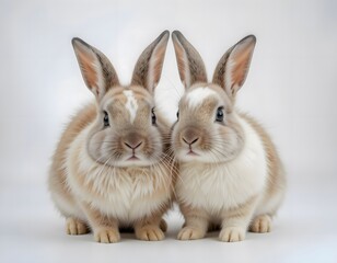 Two adorable baby rabbits against a plain background.