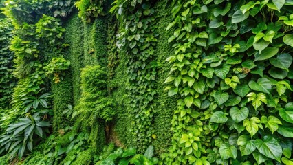 Dense foliage covering the entire wall with large green leaves and vines, creating a lush atmosphere , botanical garden, green background