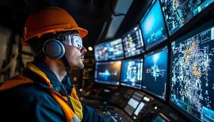 Engineer in a hardhat monitoring offshore drilling through multiple highdefinition screens, detailed data visualization in a modern control room, photorealistic details