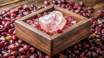 A rose quartz crystal nestled among garnet stones in a delicate, hand-carved wooden box, luxury, wooden box,  luxury