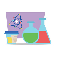 Laboratory setup with various glassware with colored liquids, cup, and scientific symbol. Health and wellness research activities concept