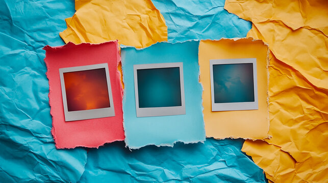 Three Instant Photos on Colorful Crumpled Paper Background - Powered by Adobe