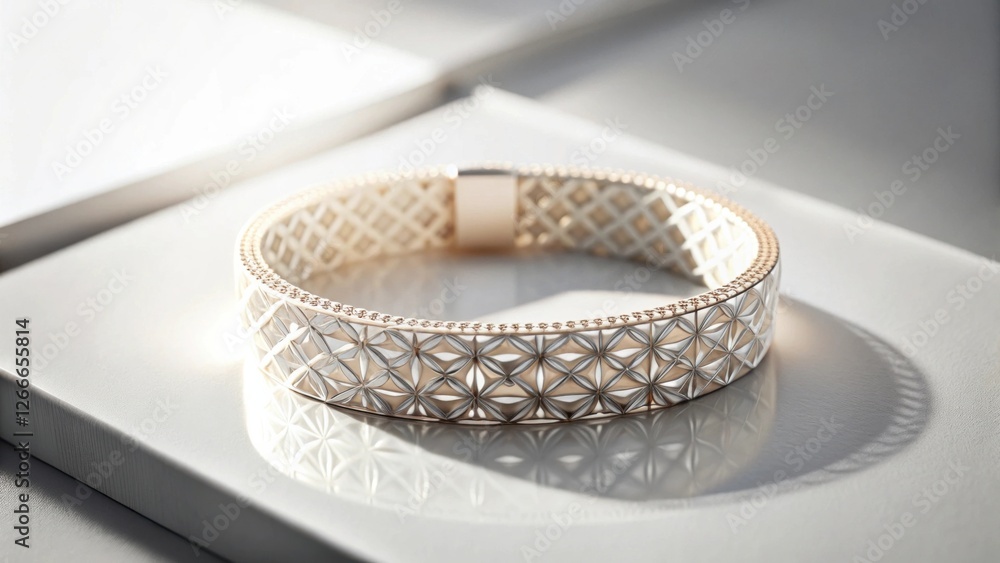 Poster elegant two-tone bracelet with intricate geometric and floral design on a pristine white surface