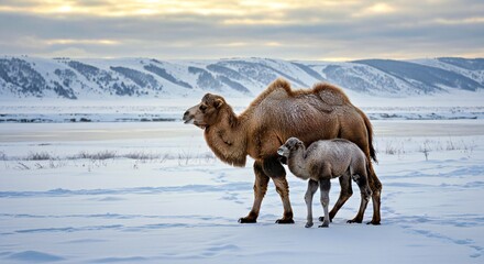 A Wild Bactrian Camel Mother Leading Her Young Calf Across a Snow-Covered Steppe During a Frigid Winter Morning