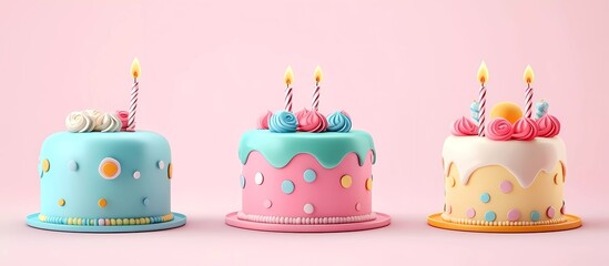 Set of colorful birthday cakes isolated on a pastel background, vector illustration design. Vector illustration, simple and cute style, 3D render