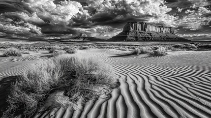 Dramatic Desert Landscape Sand Dunes and Rock Formations Under a Stormy Sky