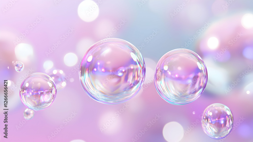 Poster floating iridescent soap bubbles against soft bokeh background for dreamy visuals