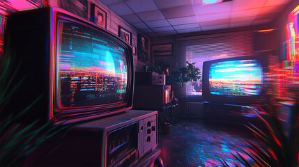 Retro Futuristic Room with Glitch Effect TVs and 80s Vibe