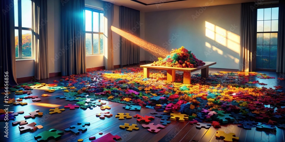 Aufkleber sunlight illuminates a room filled with scattered puzzle pieces and a colorful pile on a table