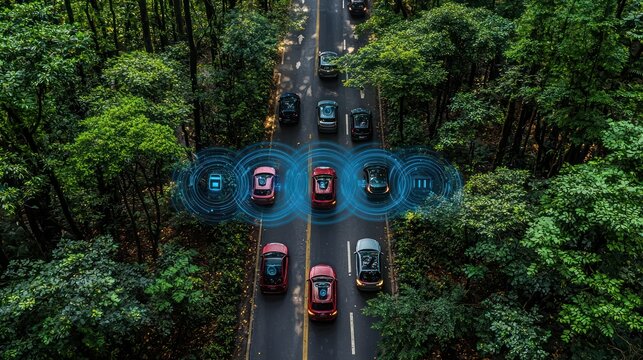 Autonomous cars driving on a forest road with visible sensor range - Powered by Adobe