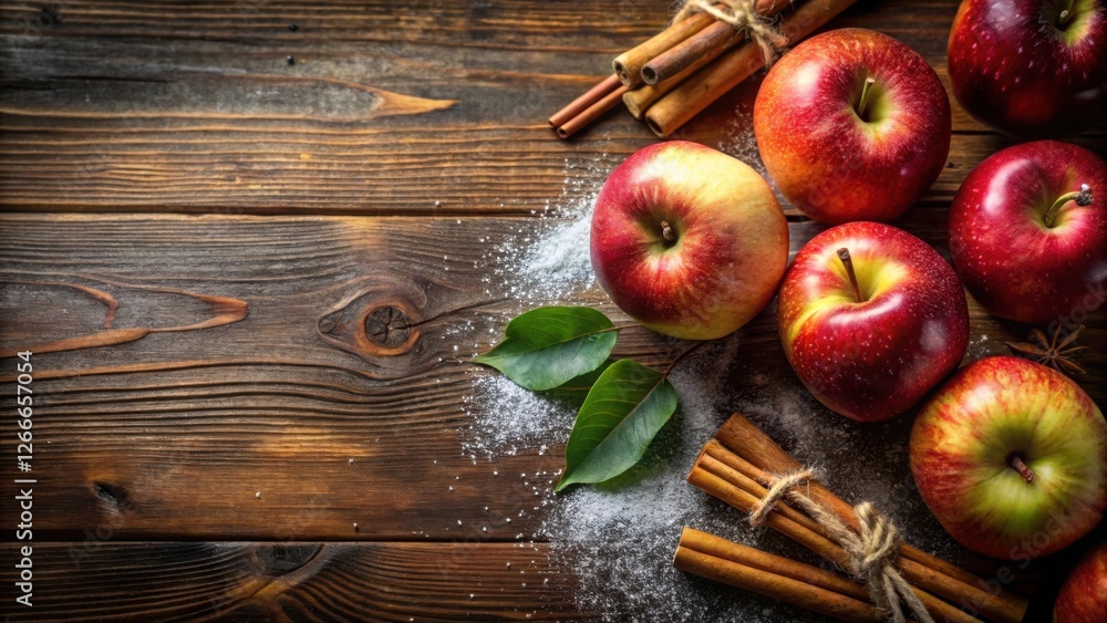 Poster Rustic Wooden Surface Displaying Fresh Apples and Cinnamon Sticks with Powdered Sugar