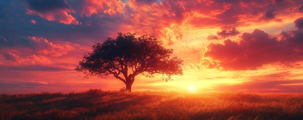 Fototapeta premium Beautiful sunset over a tree, glowing sky with rich colors of orange and pink, the tree standing tall and casting long shadows across the ground